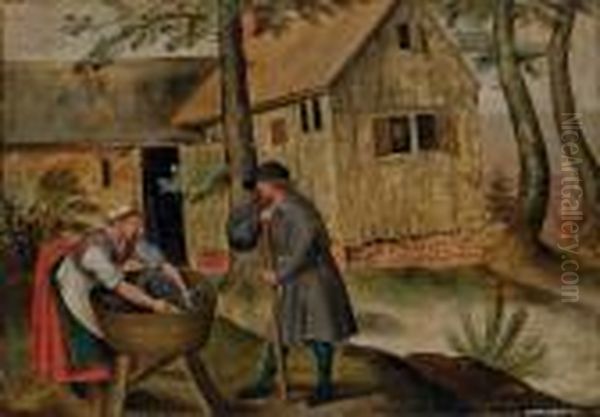 Deux Paysans Devant Une Auberge Oil Painting by Pieter The Younger Brueghel