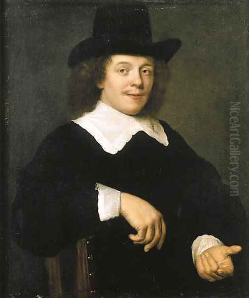 Portrait of a gentleman, seated half length, wearing black costume with lace collar and cuffs and black hat Oil Painting by Bartholomeus Van Der Helst