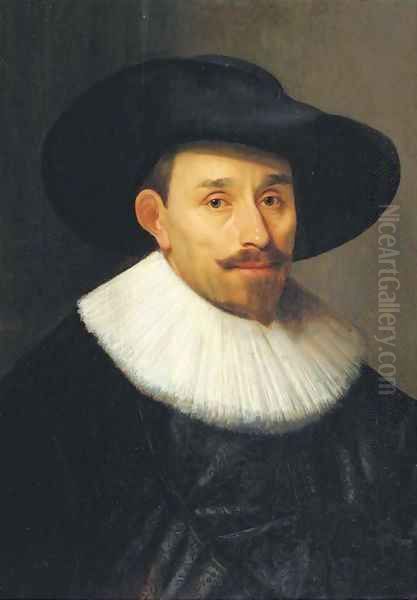 A portrait of a man, bust-length, in a black costume Oil Painting by Bartholomeus Van Der Helst