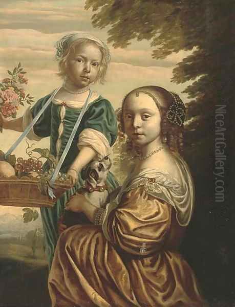 Double portrait of two girls, the elder kneeling, in a yellow silk dress with a dog in her lap, the younger standing Oil Painting by Bartholomeus Van Der Helst