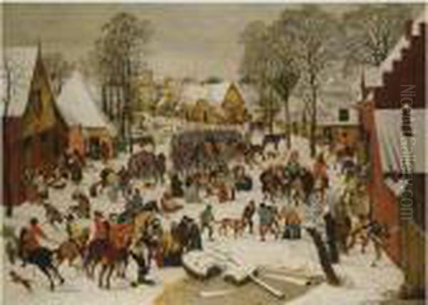 A Flemish Village In Winter With The Massacre Of The Innocents Oil Painting by Pieter The Younger Brueghel