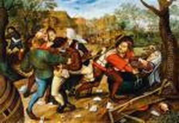 Peasants Brawling Over A Card Game. 1620. Oil Painting by Pieter The Younger Brueghel