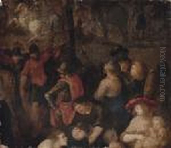 Soldiers - A Fragment, Possibly From A Crucifixion Oil Painting by Pieter The Younger Brueghel