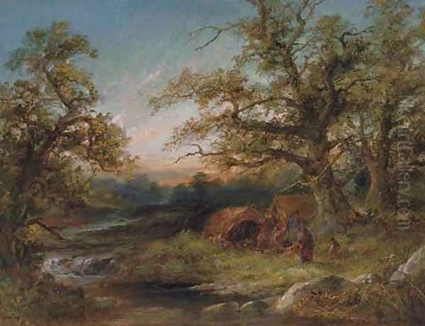 A gypsy encampment at dusk Oil Painting by Frederick Henry Henshaw