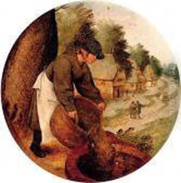 Proverb: 'filling The Well After The Calf Has Drowned' Oil Painting by Pieter The Younger Brueghel