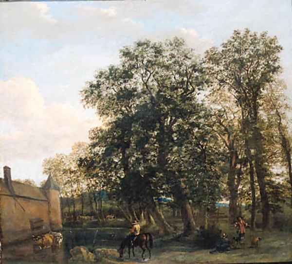 Drivers watering cattle near a castle, a falconer nearby Oil Painting by Joris van der Haagen or Hagen