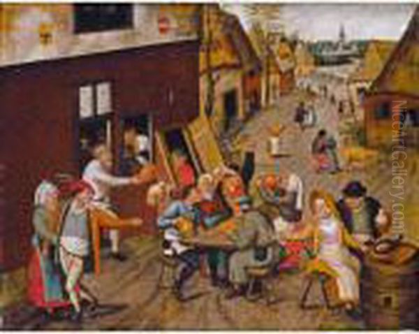 Peasants Making Merry Outside A Tavern 'the Swan' Oil Painting by Pieter The Younger Brueghel