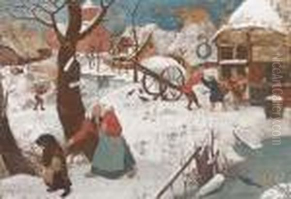 A Winter Landscape With Peasants In A Village Oil Painting by Pieter The Younger Brueghel