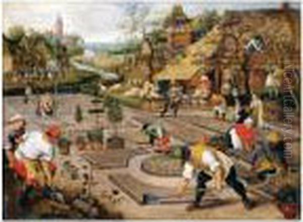 Spring: Gardeners Digging And Planting A Formal Garden Oil Painting by Pieter The Younger Brueghel