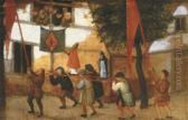 A Religious Procession In A Village: A Fragment Oil Painting by Pieter The Younger Brueghel