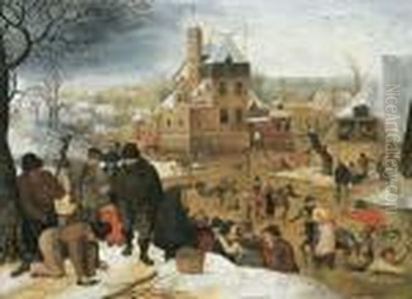 A Winter Landscape With Peasants
 Skating And Playing Kolf On A Frozen River, A Town Beyond Oil Painting by Pieter The Younger Brueghel