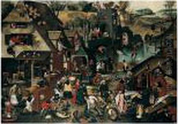 Flemish Proverbs (````de Blauwe Huyck') Oil Painting by Pieter The Younger Brueghel