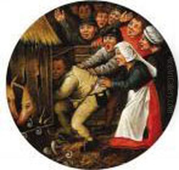 The Drunkard Pushed Into The Pigsty Oil Painting by Pieter The Younger Brueghel