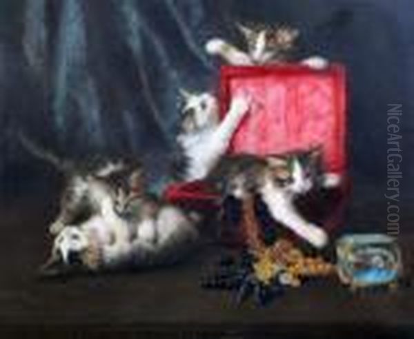 Kittens Playing Beside A Jewellery Box Oil Painting by Alphonse de Neuville