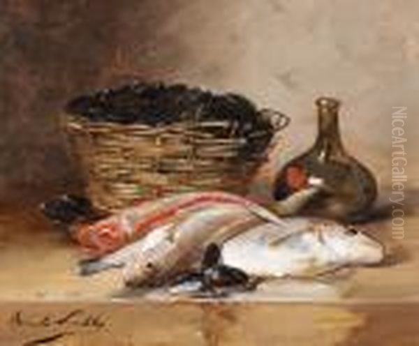 Still Life With Fishes, Mussels And Glass Bottle Oil Painting by Alphonse de Neuville