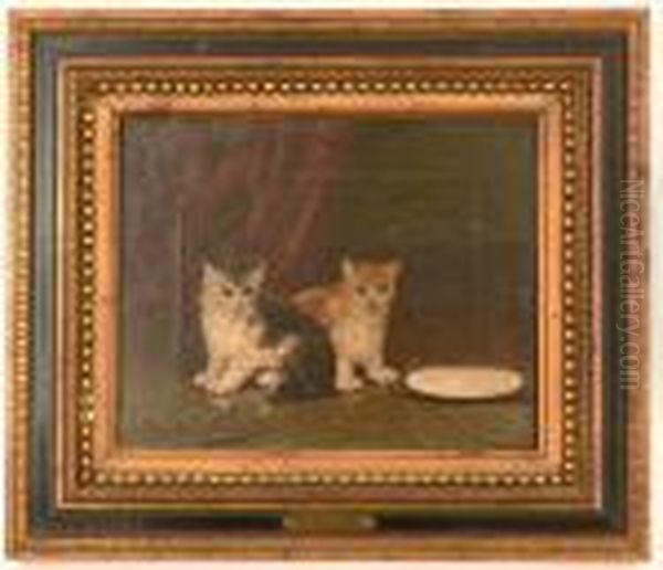 An Interior Scene With Two Cats And A Dish, Signed At The Lower Left Corner. Oil Painting by Alphonse de Neuville