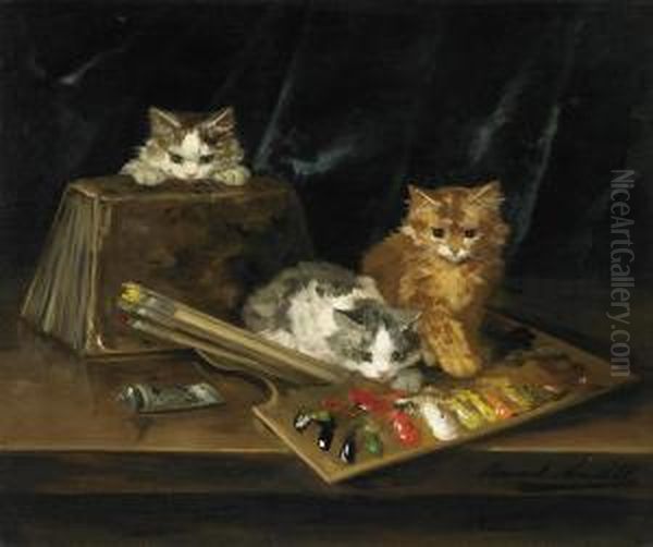 Three Cats With A Colour Palette Oil Painting by Alphonse de Neuville