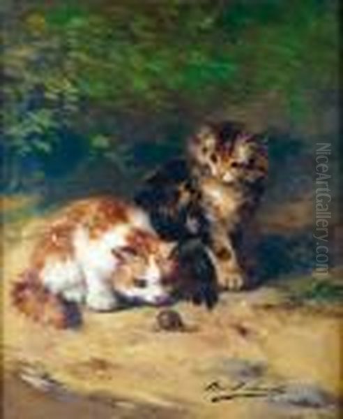 Les Deux Chatons Regardant Un Escargot Oil Painting by Alphonse de Neuville