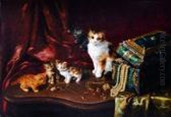 Les Chatons Jouant Pres D'un Coffre A Bijoux Oil Painting by Alphonse de Neuville