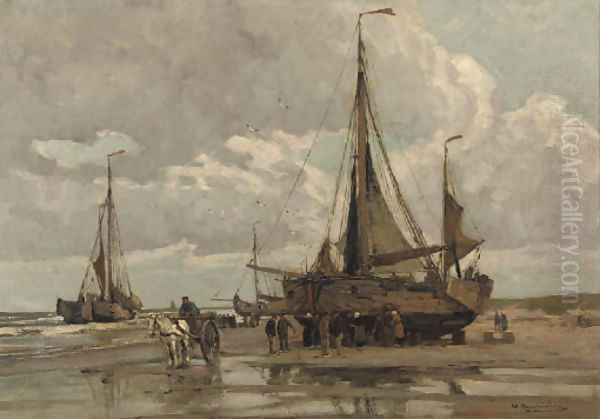 After a day's catch on the beach of Katwijk Oil Painting by Wilhelm Hambutchen