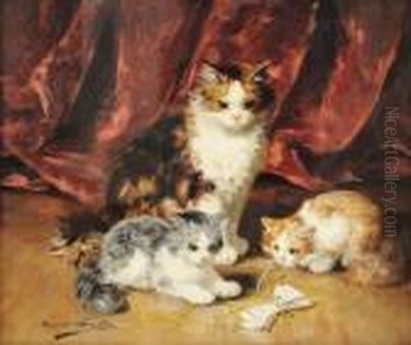 Chatte Et Deux Chatons Jouant Avec Un Ruban Devant Une Draperierouge Oil Painting by Alphonse de Neuville