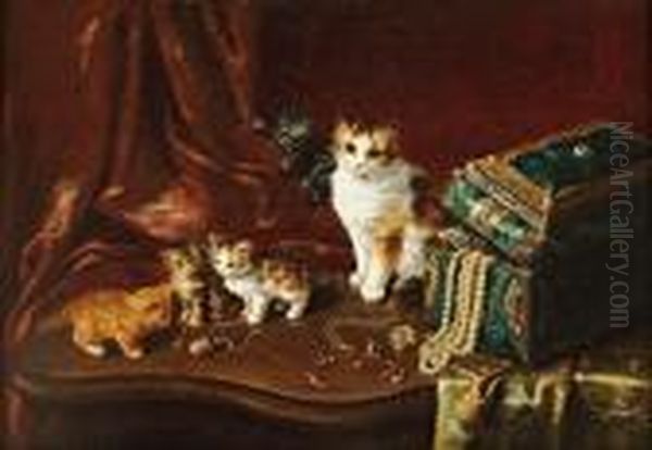 Chatons Avec Leur Mere Jouant Avec Les Bijoux Oil Painting by Alphonse de Neuville