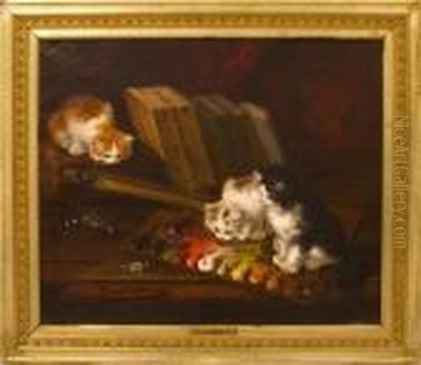 Kittens On Desk With Books And Palette With Oils Oil Painting by Alphonse de Neuville