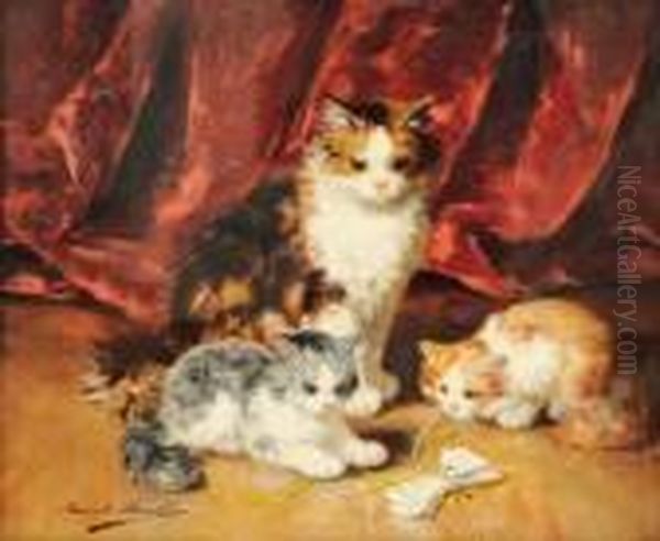 Chatte Et Deux Chatons Jouant Avec Un Ruban Devant Une Draperie
Rouge Oil Painting by Alphonse de Neuville