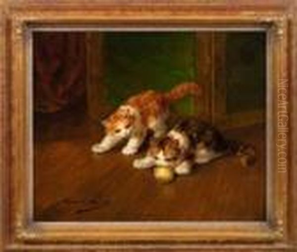 Zwei Spielende Junge Katzen Mit Wollknauel Oil Painting by Alphonse de Neuville