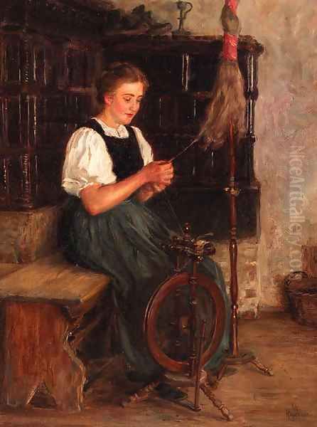 A spinning German peasant woman Oil Painting by Wilhelm Hasemann