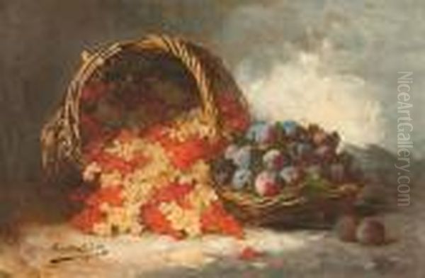 Stilleben Mit Johannesbeeren Und Pflaumen In Korben. Oil Painting by Alphonse de Neuville