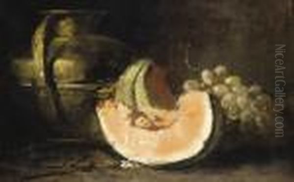 Grapes And A Melon; And A Lobster And A Copper Bowl Oil Painting by Alphonse de Neuville