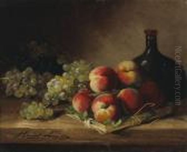 A Still Life With Red Currants 
And Plums In A Wicker Basket; And A Companion Still Life (a Pair) Oil Painting by Alphonse de Neuville