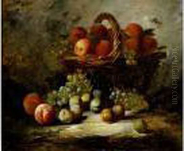 Nature Morte Au Panier De Peche, Aux Prunes Et Aux Raisins Oil Painting by Alphonse de Neuville