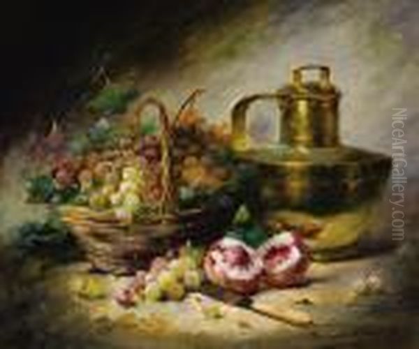 Still Life With Basket Of Grapes, Peaches, And A Copper Urn Oil Painting by Alphonse de Neuville