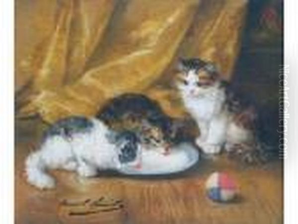 Trois Jeunes Chats Alassiette De Lait Oil Painting by Alphonse de Neuville