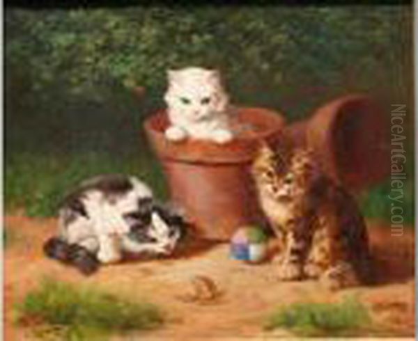 Les Chatons Et L'escargot Oil Painting by Alphonse de Neuville