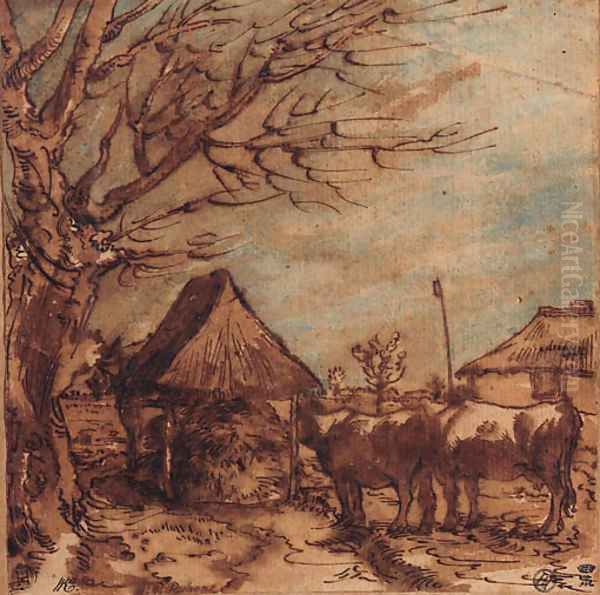 Two cows by a covered haystack under a pollarded tree Oil Painting by Gillis Claesz. De Hondecoeter