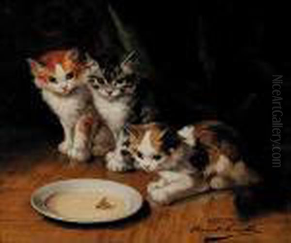 Untitled - Kittens Drinking Milk Oil Painting by Alphonse de Neuville