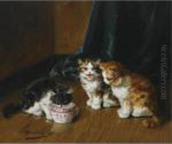 Drinking Kittens Oil Painting by Alphonse de Neuville