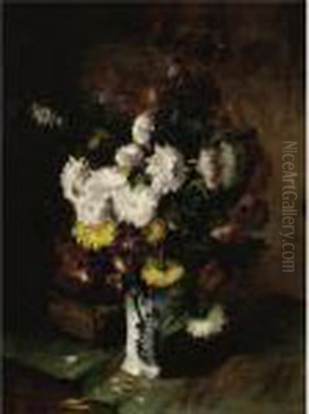 Vase Of Chrysanthemums Oil Painting by Alphonse de Neuville