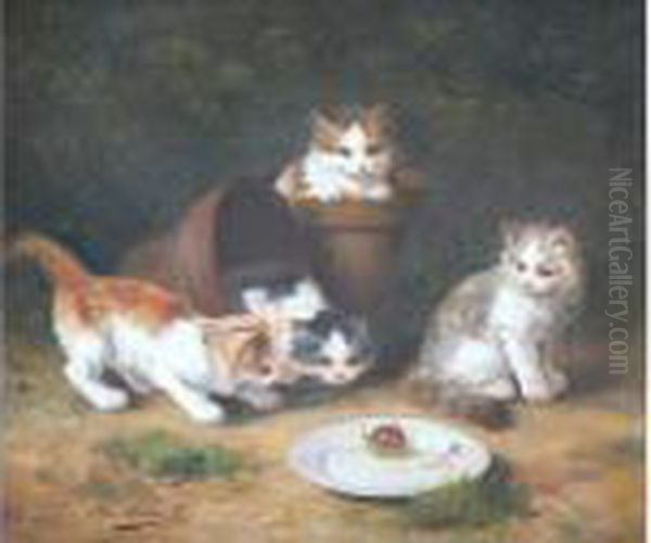 Chatons Observant Un Escargot Oil Painting by Alphonse de Neuville