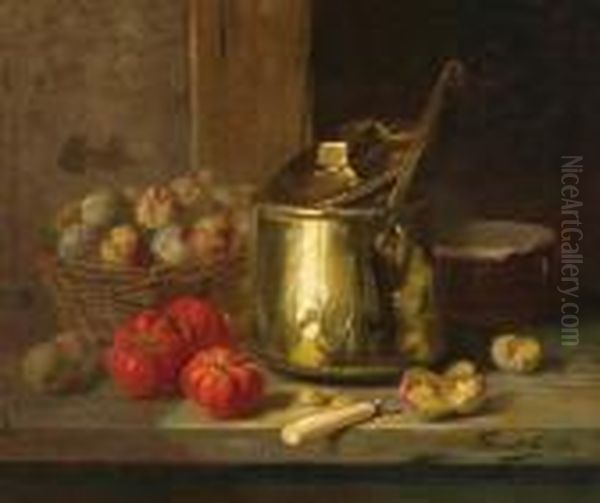 Still Life With Plums, Tomatoes And Brass Pot Oil Painting by Alphonse de Neuville