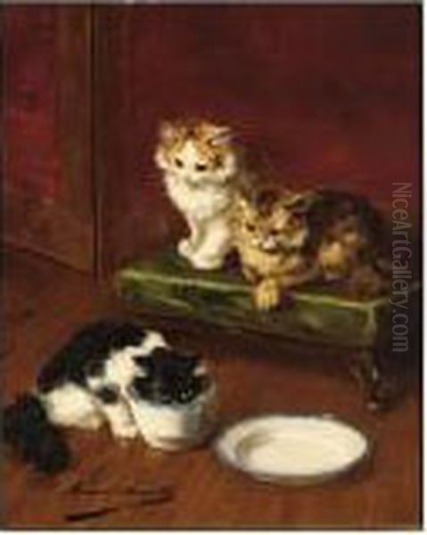 Kittens Drinking Milk Oil Painting by Alphonse de Neuville