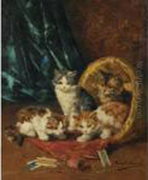 Kittens In The Sewing Basket Oil Painting by Alphonse de Neuville