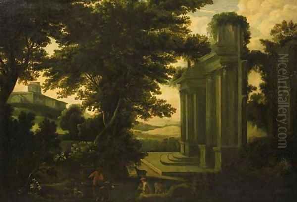 Shepherds by a classical ruin in an Italianate landscape Oil Painting by Jakob Philippe Hackert