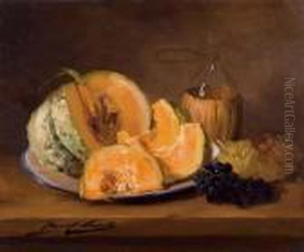 Stilleben Mit Melone Und Chiantiflasche. Oil Painting by Alphonse de Neuville