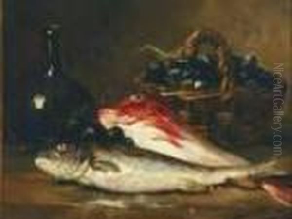 Still Life Of Fish , Wine And Fruit Oil Painting by Alphonse de Neuville