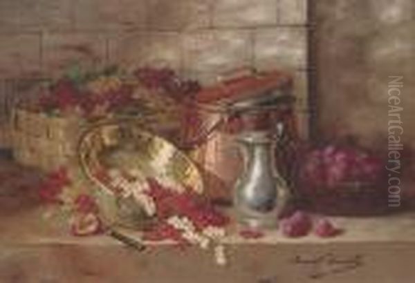 Redcurrants, Whitecurrants And Plums In Various Vessels On Aledge Oil Painting by Alphonse de Neuville