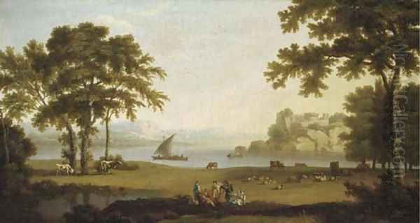 A landscape with figures at rest by sheep and cattle, boating on a lake and a hilltop fort beyond Oil Painting by Jakob Philippe Hackert